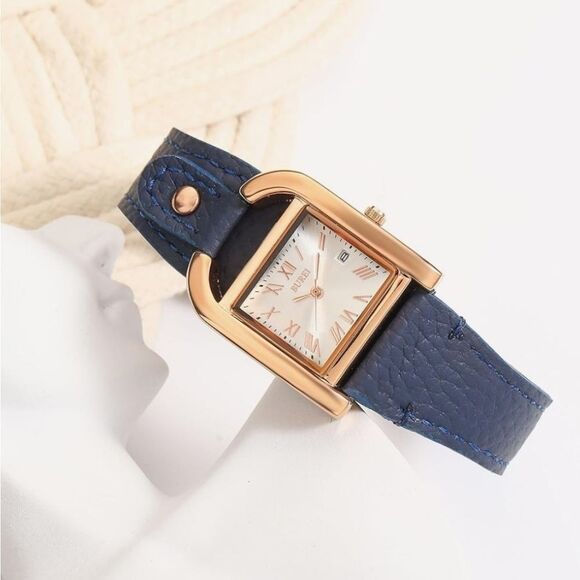 ?⏭️NIB Blue Leather Strap Horseshoe Shaped Square Case Quartz Watch main image 10